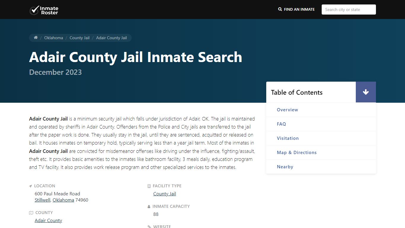 Inmate Search | Adair County Jail - Stillwell, OK - InmateRoster